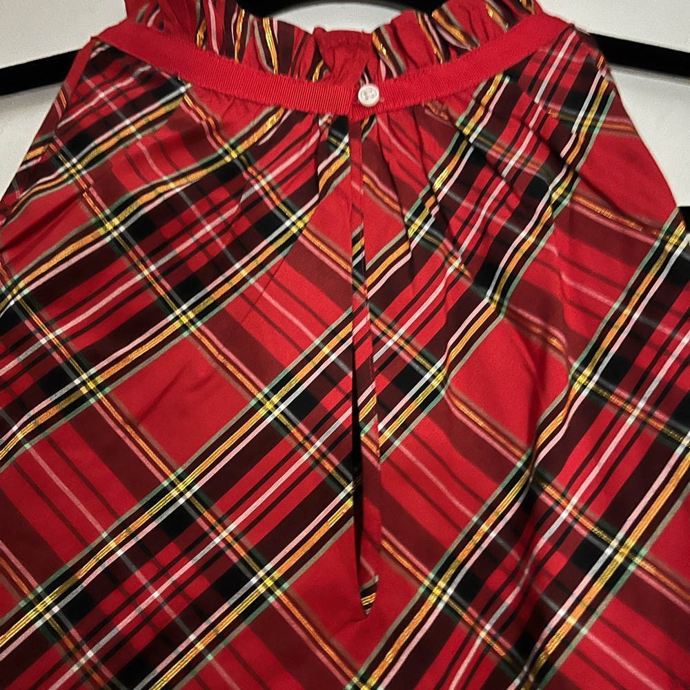 J.Crew 3x Red Plaid Ruffleneck Cotton Poplin Women's Sleeveless Blouse NWT - Picture 3 of 8